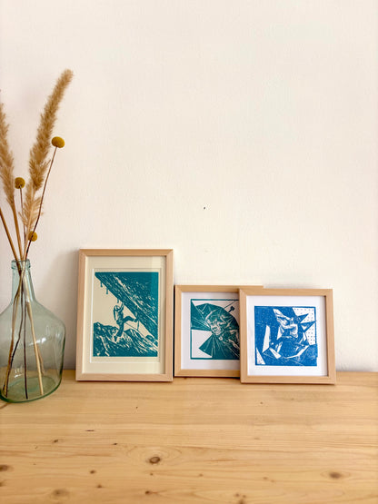 ,Blue Dyno' | Climber Linocut Print – Handgedruckter Kletter-Linoldruck | Gift for Climbers