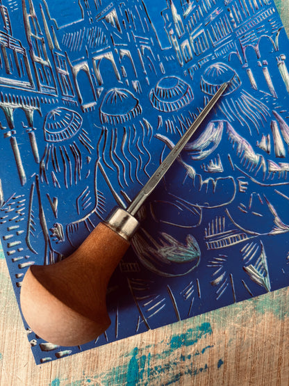 Série Amitié - Linogravure artisanale en bleu et blanc, « Freundschaft Münster »