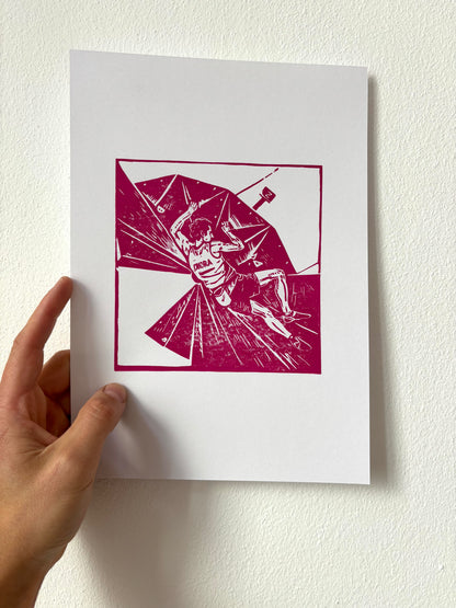 Geschenk für Boulderer – Handgemachter Linoldruck „Olympic Ondra“ für Kletterer