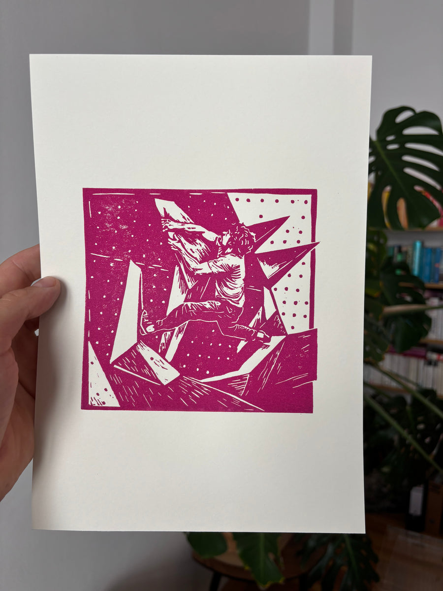 ,Blue Dyno' | Estampe de Linogravure d'Escalade – Linogravure d'Escalade imprimée à la main | Cadeau pour les grimpeurs