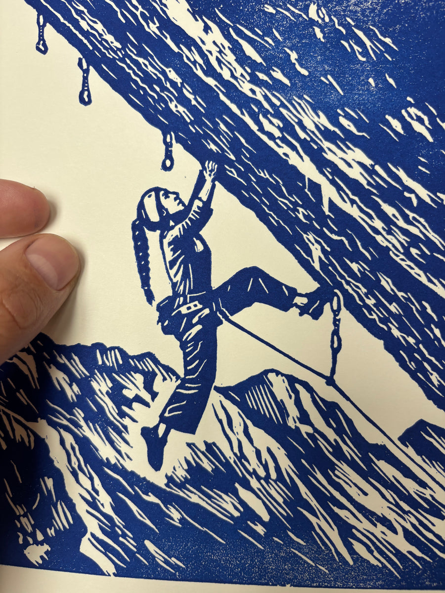 « Flash féminin » | Estampe linogravée – Linogravure d'escalade imprimée à la main | Cadeau pour grimpeurs