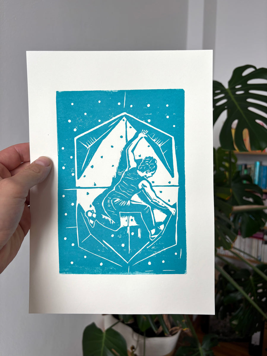 «Female Boulder» Impression Linogravure d'escalade - Linogravure imprimée à la main | Cadeau pour grimpeurs