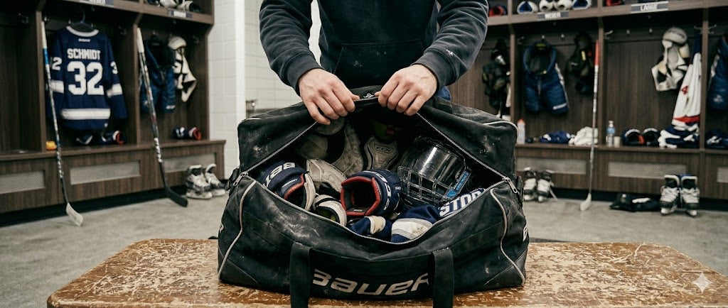 Sporttasche mit stinkender Sportkleidung in Umkleidekabine