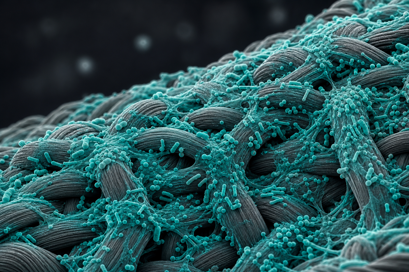 Mikroskopische Darstellung einer Biofilm-Matrix auf Schuhmaterial